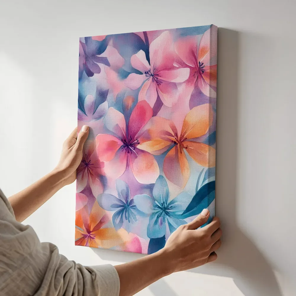 Sfeerimpressie: Tropische bloesems in pastel terwijl het aan de muur wordt gehangen