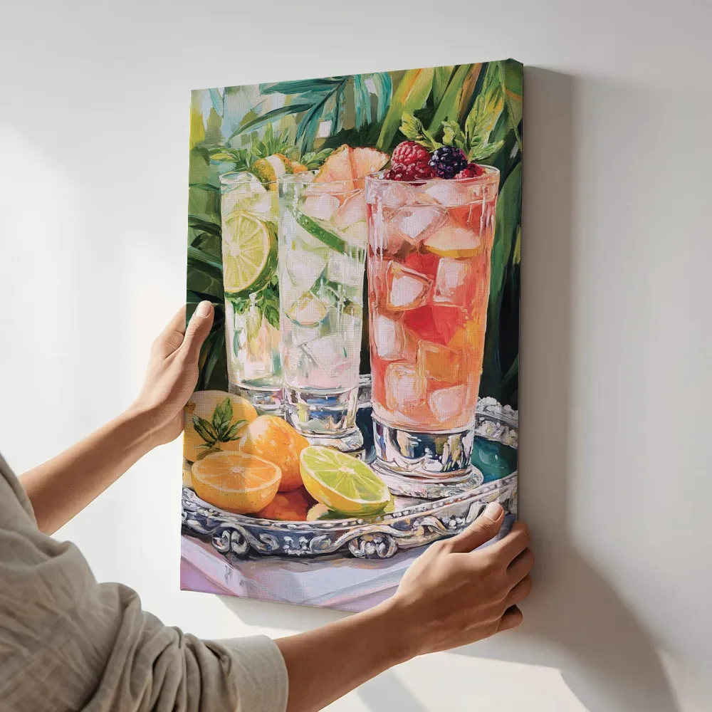 Sfeerimpressie: Tropische cocktails op zilveren dienblad terwijl het aan de muur wordt gehangen