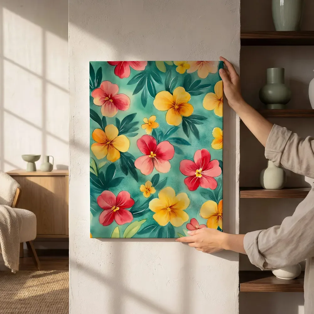 Sfeerimpressie: Tropische hibiscus bloemen schilderij naast de kast