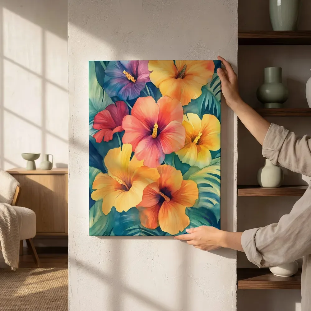 Sfeerimpressie: Grote hibiscusbloemen in warme kleuren schilderij naast de kast