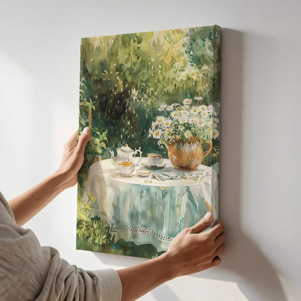 Sfeerimpressie: Tuintafel met madeliefjes terwijl het aan de muur wordt gehangen