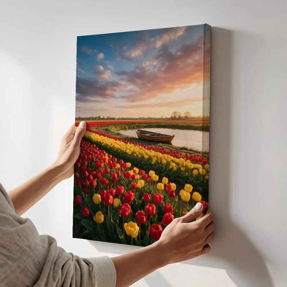 Sfeerimpressie: Tulp bij het gouden uur 15 terwijl het aan de muur wordt gehangen