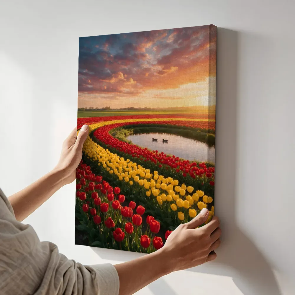 Sfeerimpressie: Tulp bij het gouden uur 18 terwijl het aan de muur wordt gehangen