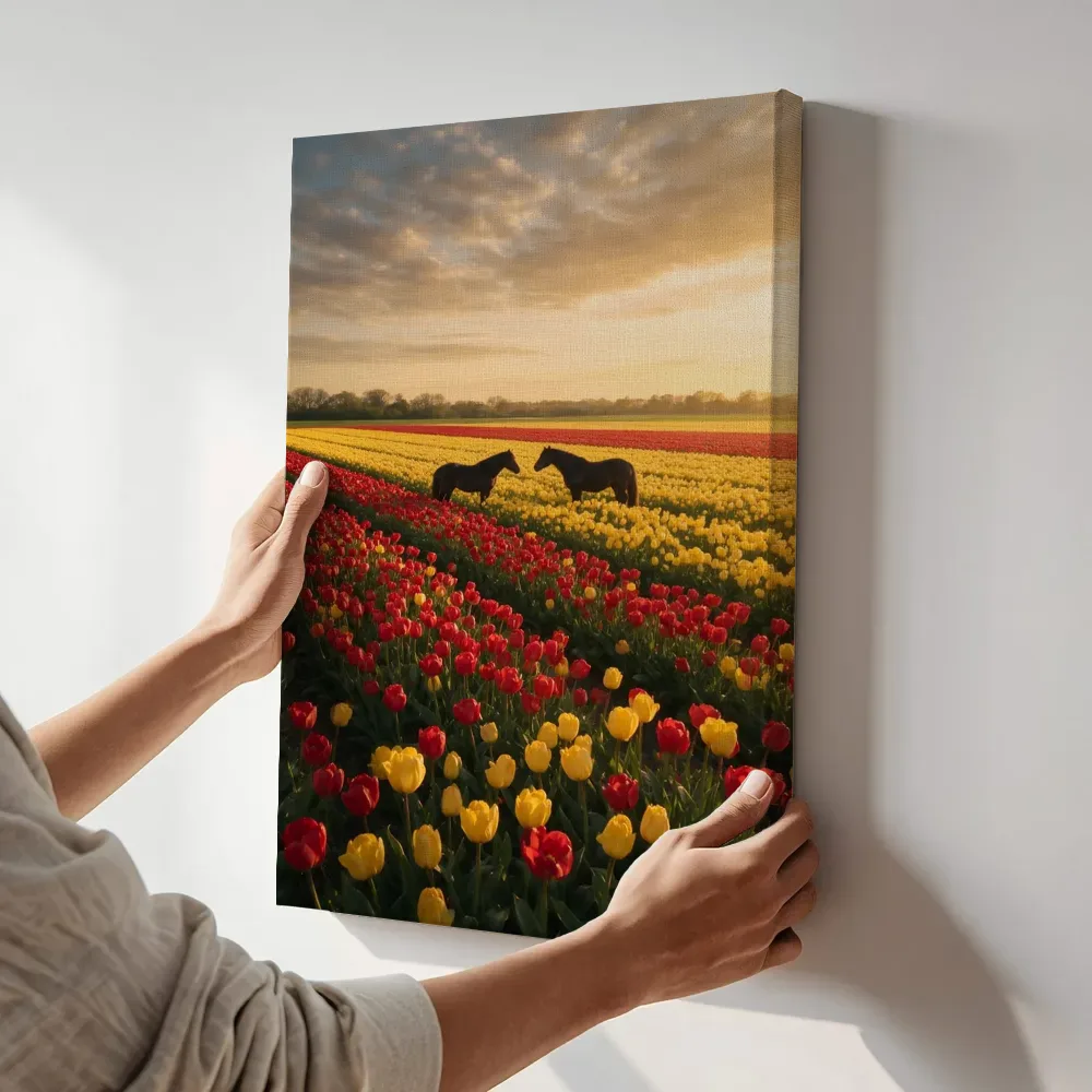 Sfeerimpressie: Tulp bij het gouden uur 3 terwijl het aan de muur wordt gehangen