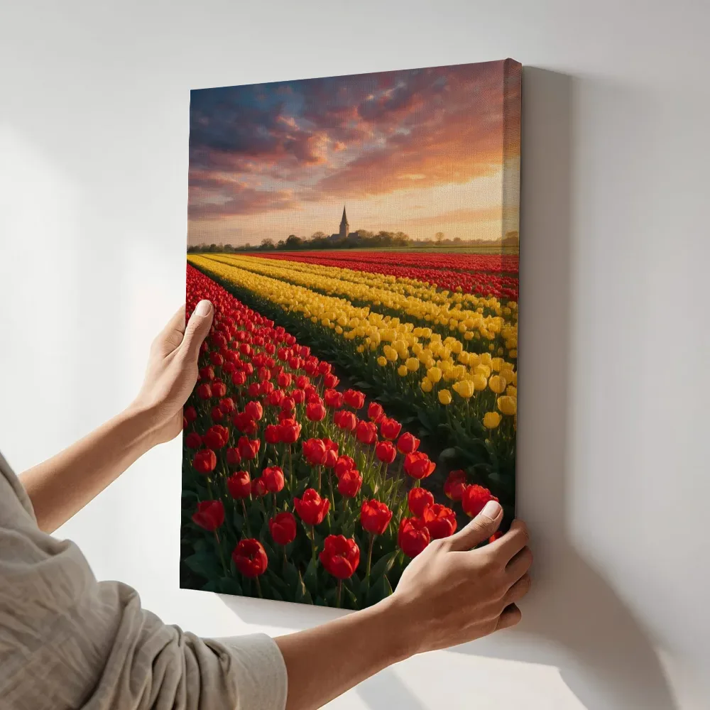 Sfeerimpressie: Tulp bij het gouden uur 6 terwijl het aan de muur wordt gehangen