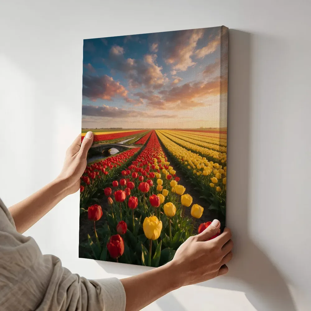 Sfeerimpressie: Tulp bij het gouden uur 9 terwijl het aan de muur wordt gehangen