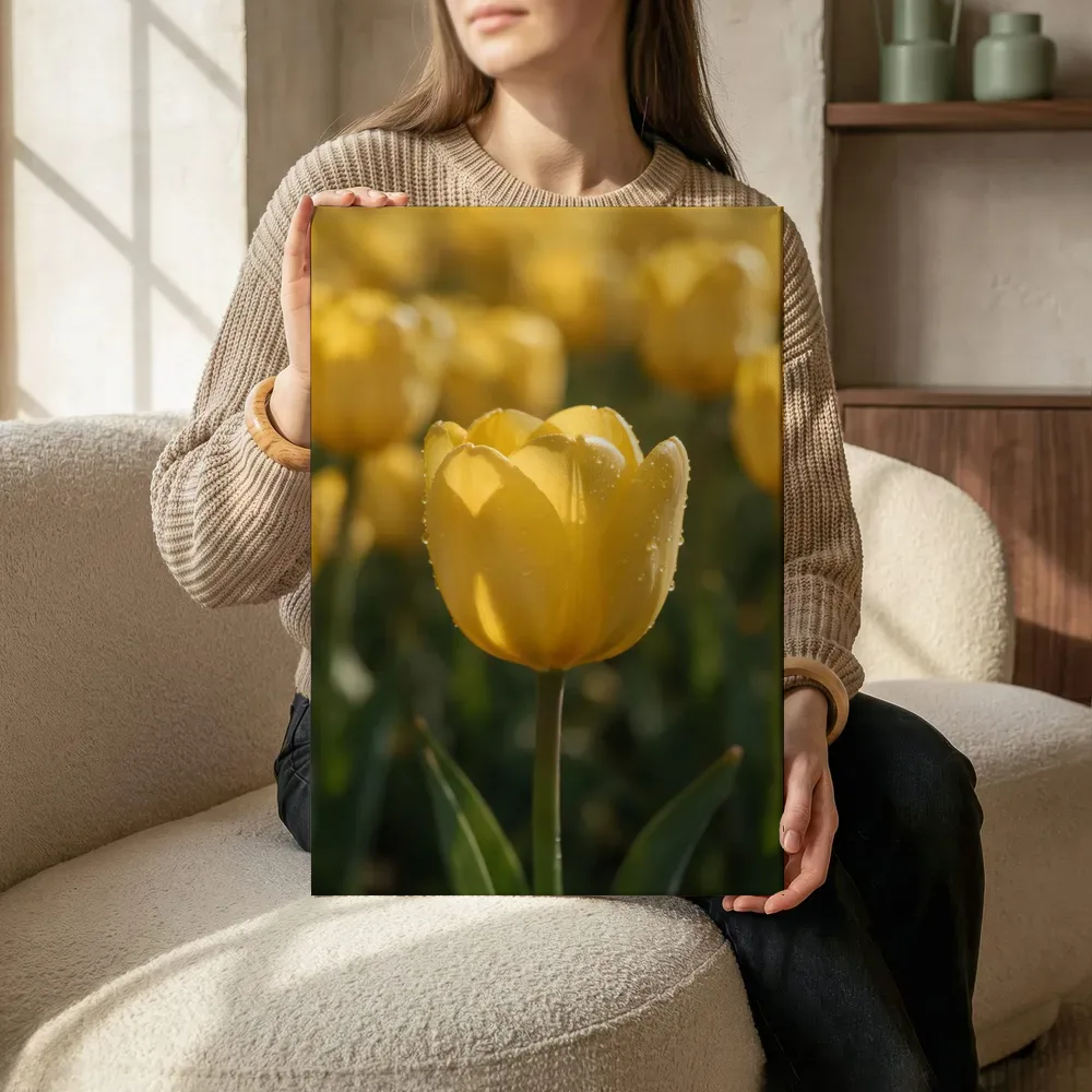 Sfeerimpressie: Tulp in dauw, glinsterlicht, goudgeel terwijl het zittend wordt getoond