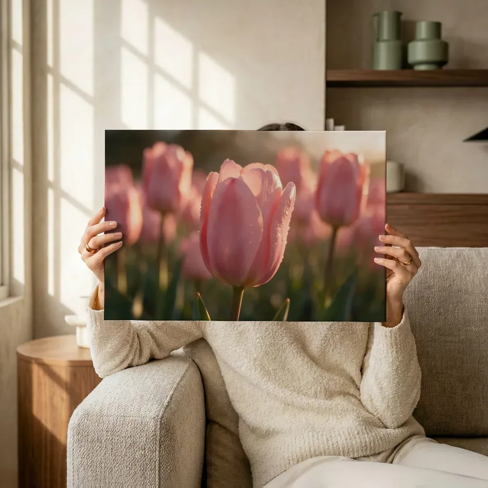 Sfeerimpressie: Tulp in dauw, gouden gloed, zachtroze terwijl het omhoog wordt gehouden