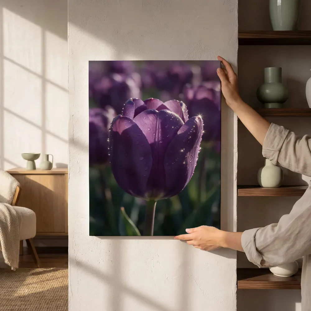 Sfeerimpressie: Tulp in dauw, sterrenglans, dieppaars naast de kast