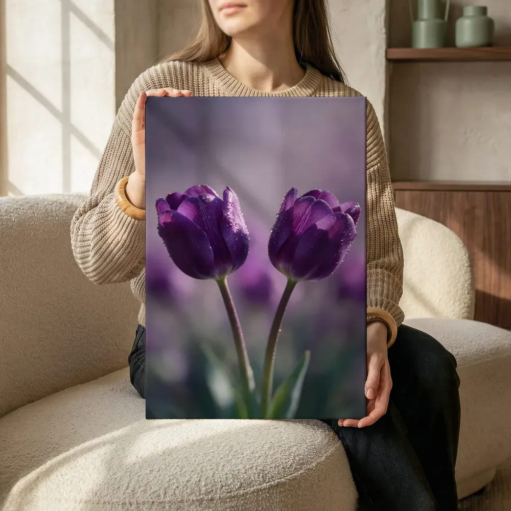 Sfeerimpressie: Tulp in de dauw, dieppaars terwijl het zittend wordt getoond