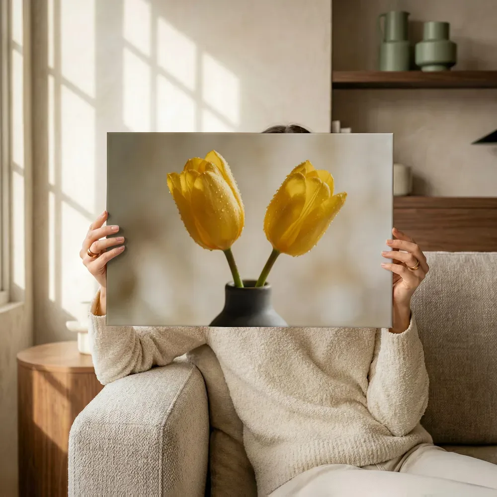 Sfeerimpressie: Tulp in de dauw, goudgeel 2 terwijl het omhoog wordt gehouden