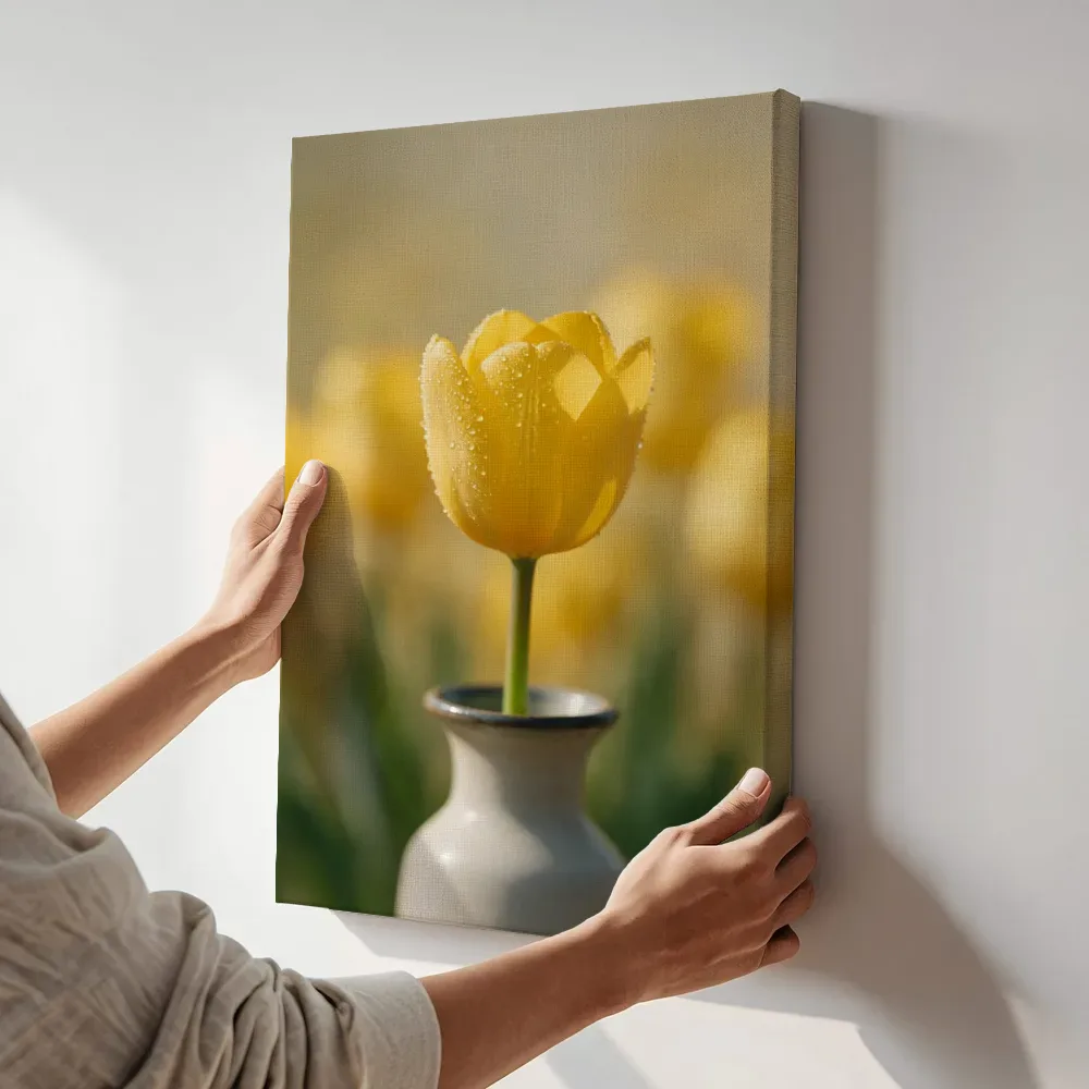 Sfeerimpressie: Tulp in de dauw, goudgeel terwijl het aan de muur wordt gehangen