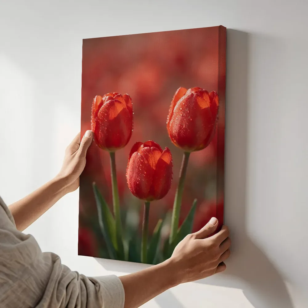 Sfeerimpressie: Tulp in de dauw, vuurrood 2 terwijl het aan de muur wordt gehangen