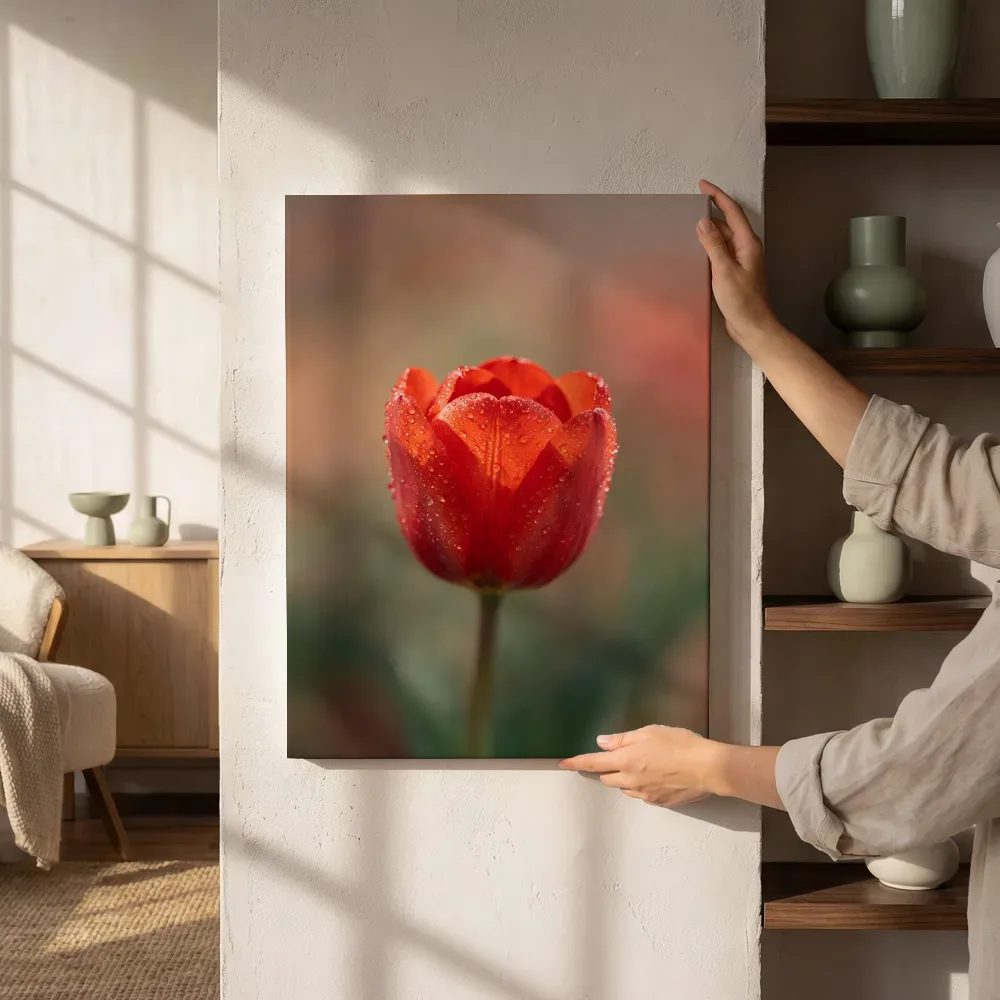 Sfeerimpressie: Tulp in de dauw, vuurrood naast de kast