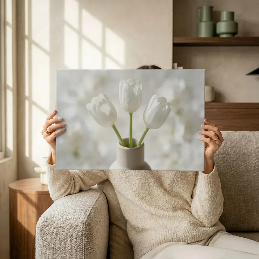 Sfeerimpressie: Tulp in de dauw, wit 4 terwijl het omhoog wordt gehouden