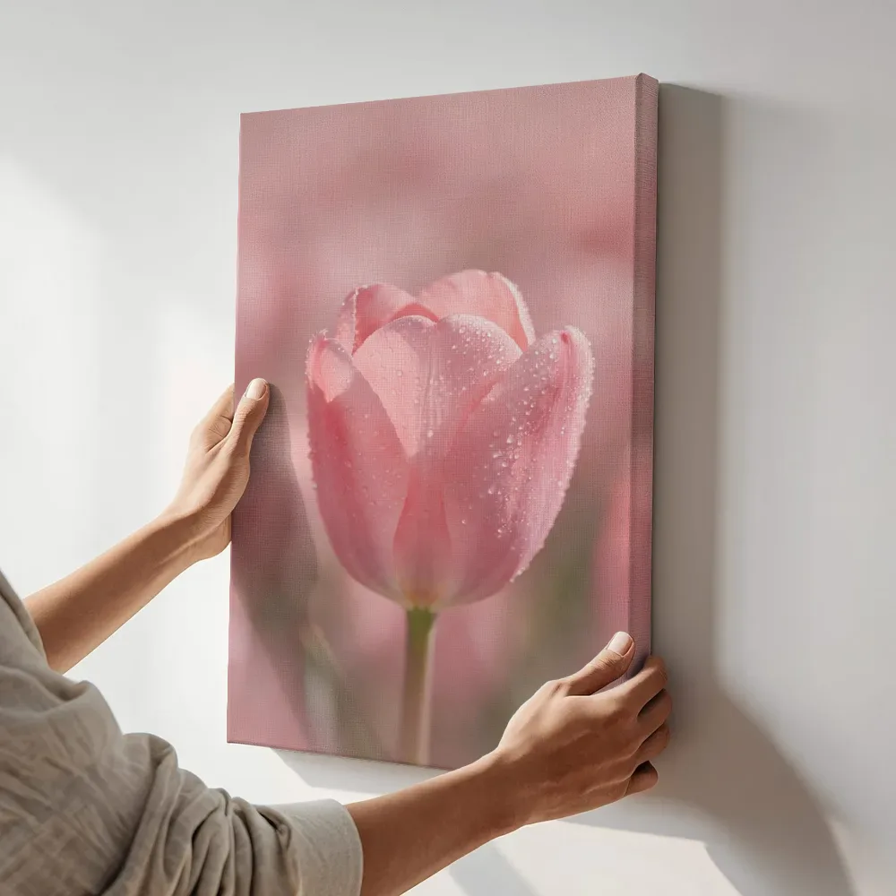 Sfeerimpressie: Tulp in de dauw, zachtroze 3 terwijl het aan de muur wordt gehangen