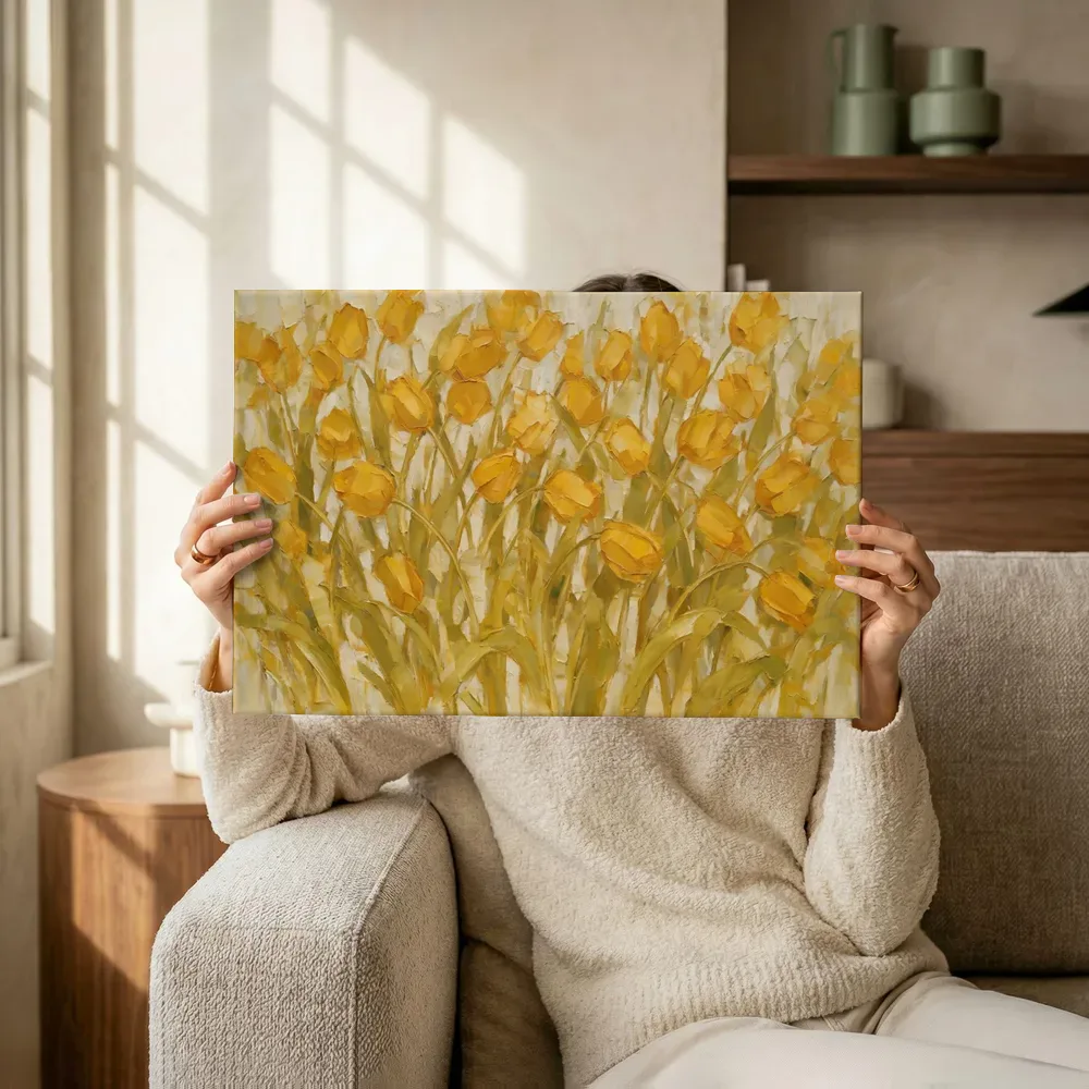 Sfeerimpressie: Tulp in goudoker terwijl het omhoog wordt gehouden