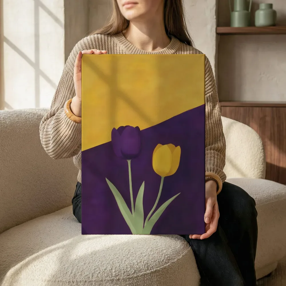 Sfeerimpressie: Tulp van dichtbij in goudgeel en paars terwijl het zittend wordt getoond