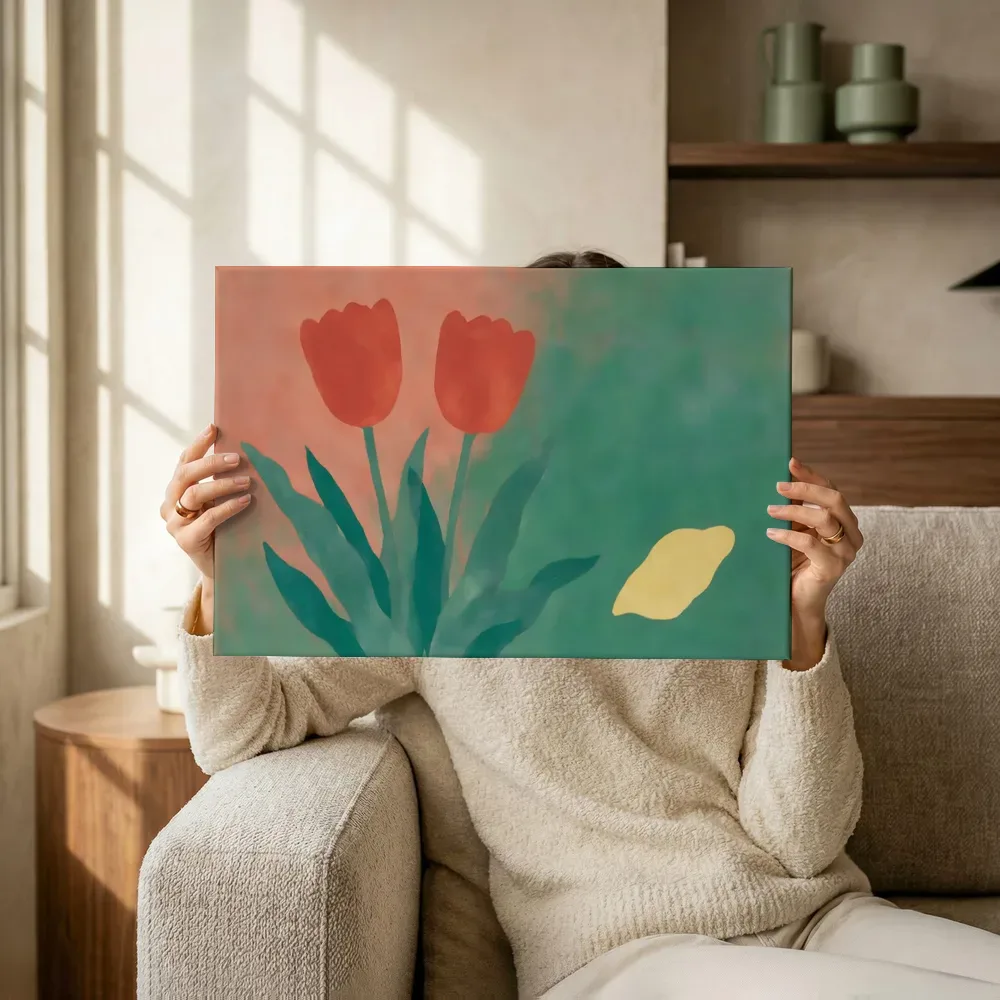Sfeerimpressie: Tulp van dichtbij in koraalrood en zeegroen terwijl het omhoog wordt gehouden