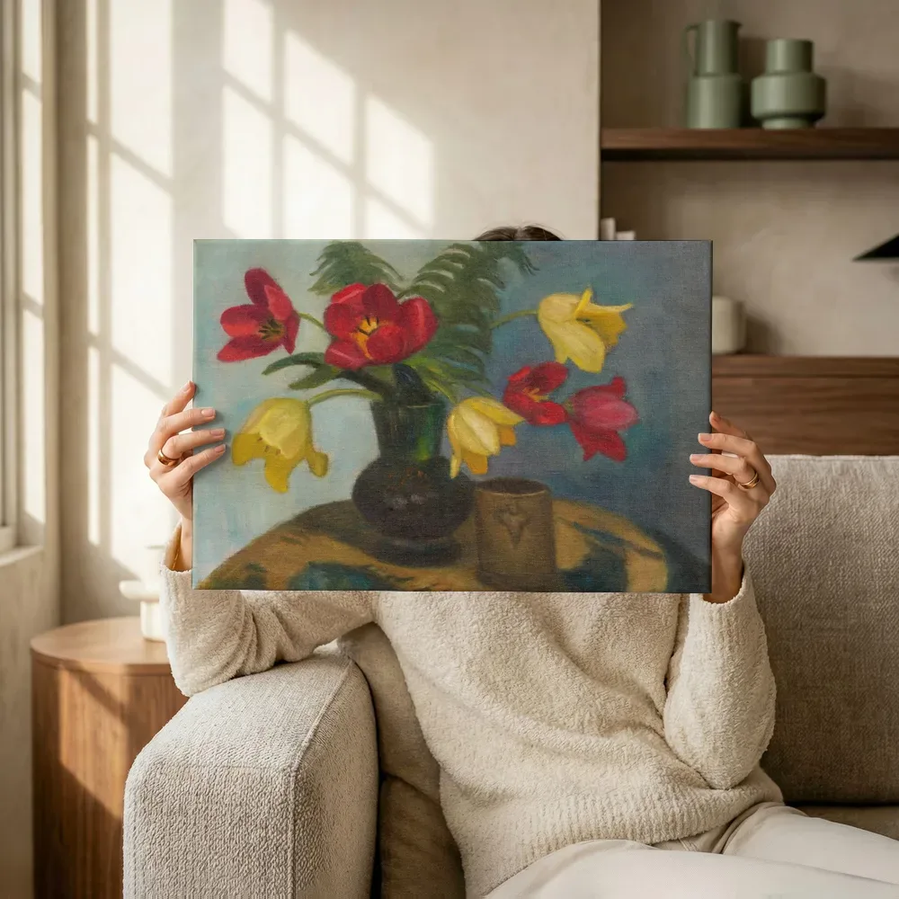 Sfeerimpressie: Tulpen,, 1937 van Otto Modersohn terwijl het omhoog wordt gehouden