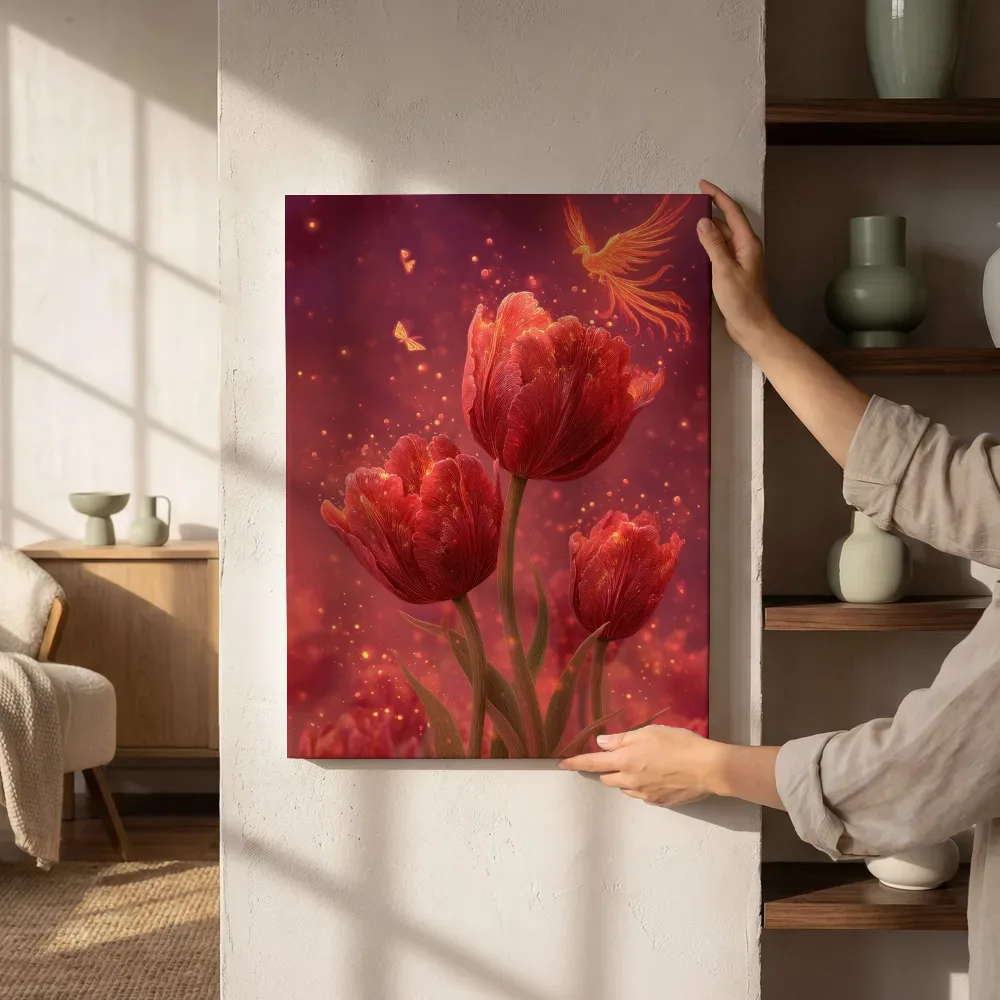 Sfeerimpressie: Tulpen en de opstijgende feniks naast de kast