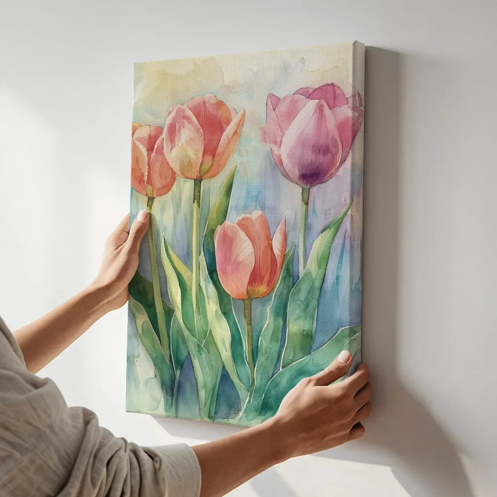 Sfeerimpressie: Tulpen in aquarel terwijl het aan de muur wordt gehangen