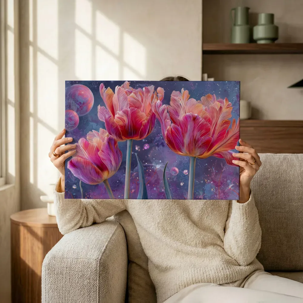 Sfeerimpressie: Tulpen in nevelgloed terwijl het omhoog wordt gehouden