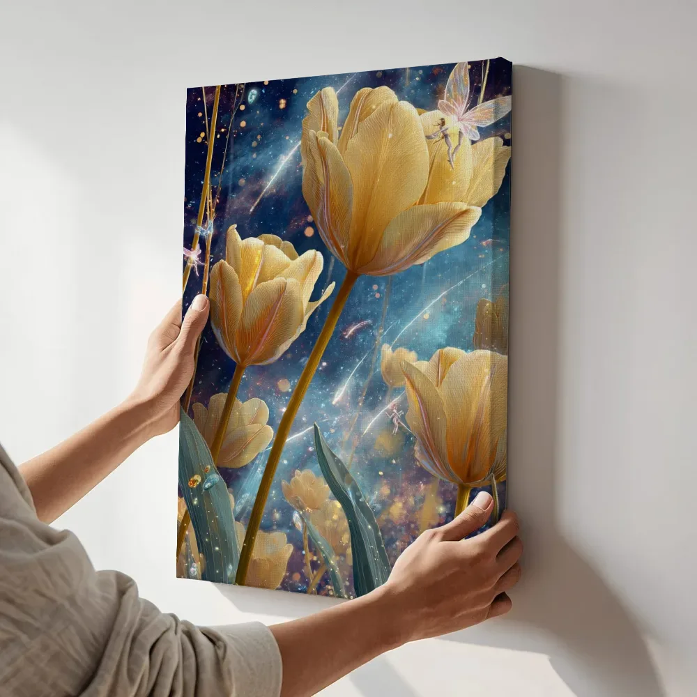 Sfeerimpressie: Tulpen met glinsteringen in de nacht terwijl het aan de muur wordt gehangen