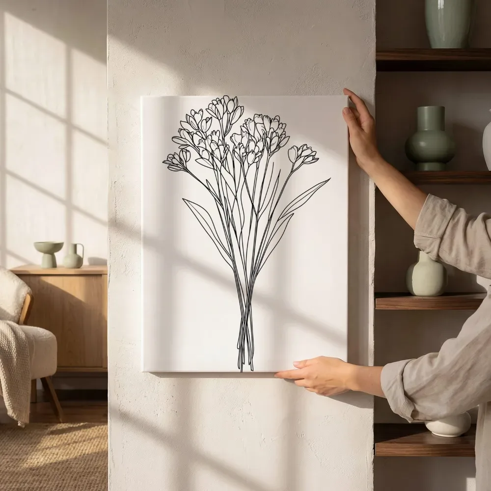 Sfeerimpressie: Tulpenboeket in knop lijntekening naast de kast