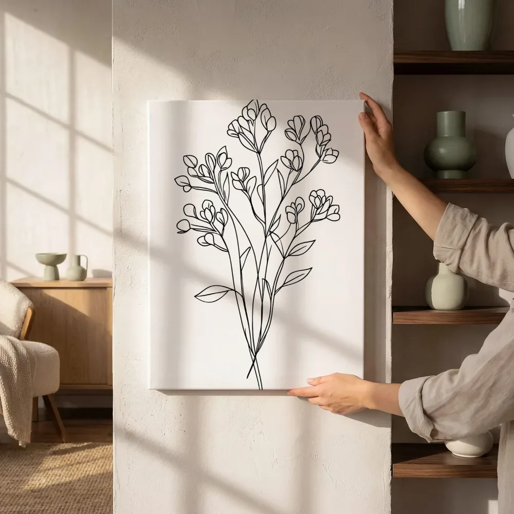 Sfeerimpressie: Tulpenboeket in knopvorm lijntekening naast de kast
