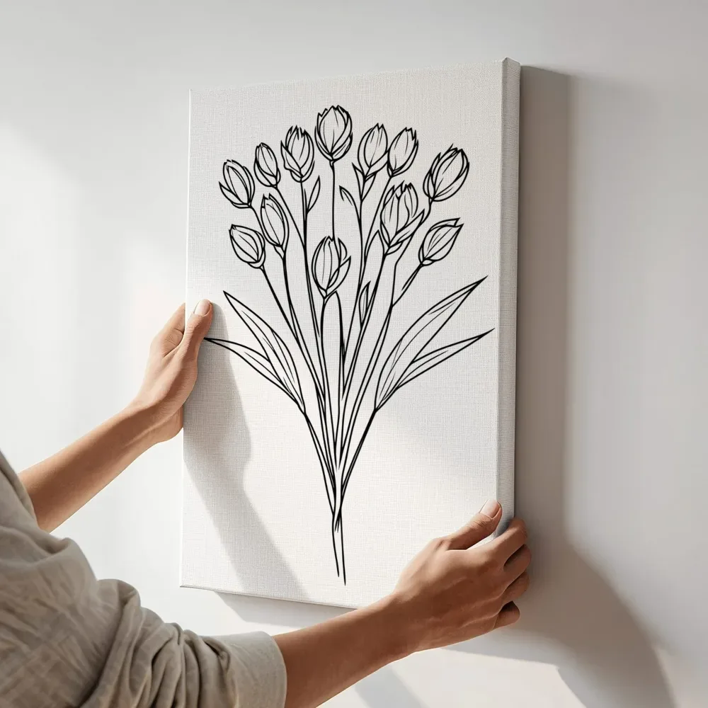 Sfeerimpressie: Tulpenknoppen ruiker lijntekening terwijl het aan de muur wordt gehangen