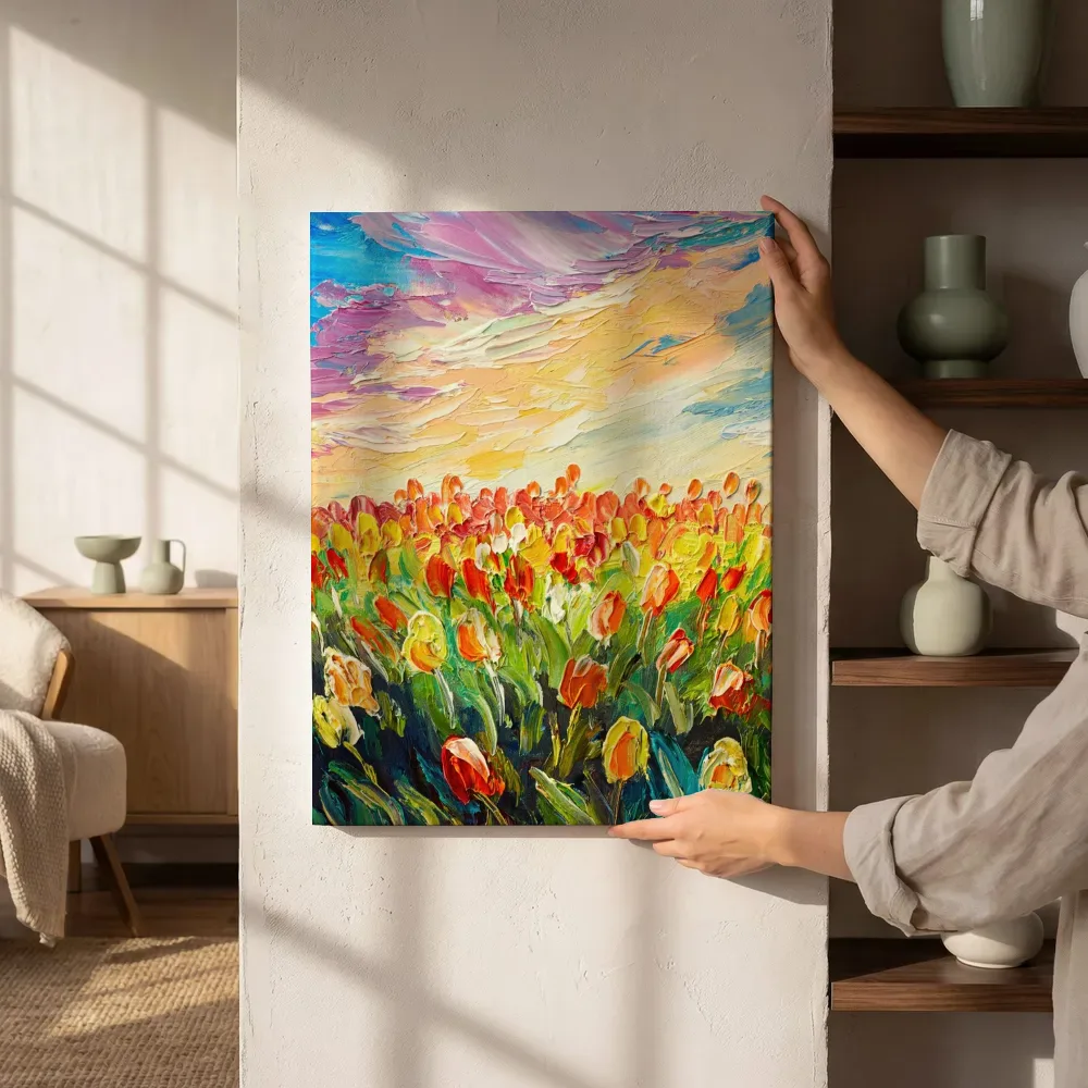 Sfeerimpressie: Tulpenveld in bloei naast de kast
