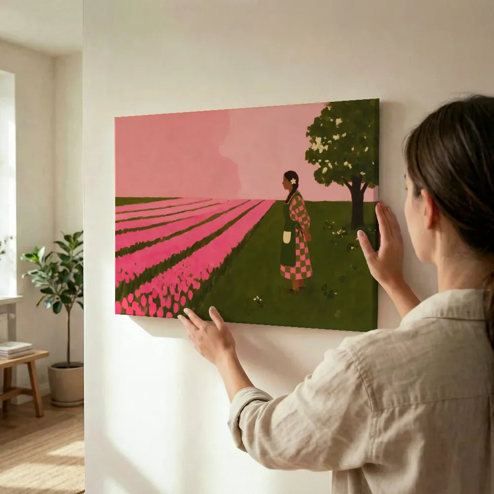 Sfeerimpressie: Tulpenveld in olijf en roze terwijl het wordt opgehangen