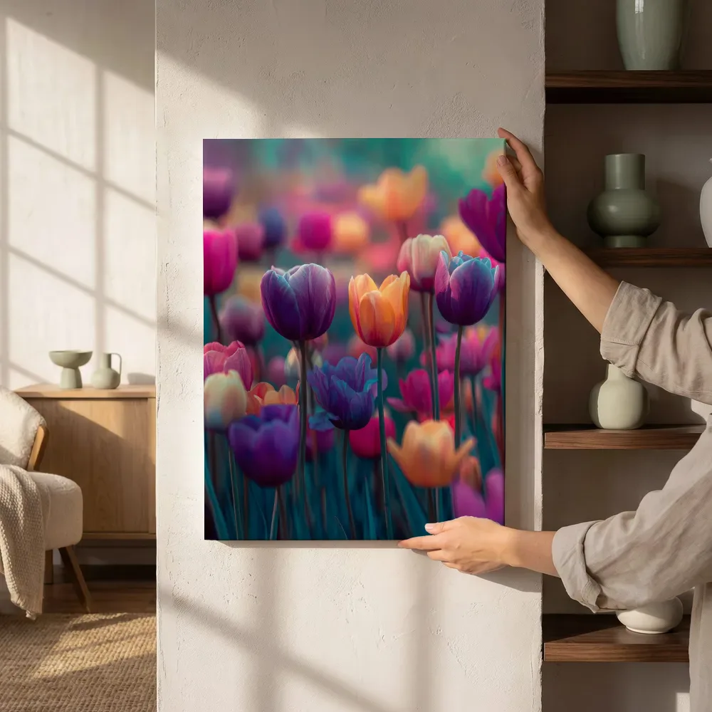 Sfeerimpressie: Tulpenveld in turquoise gloed naast de kast