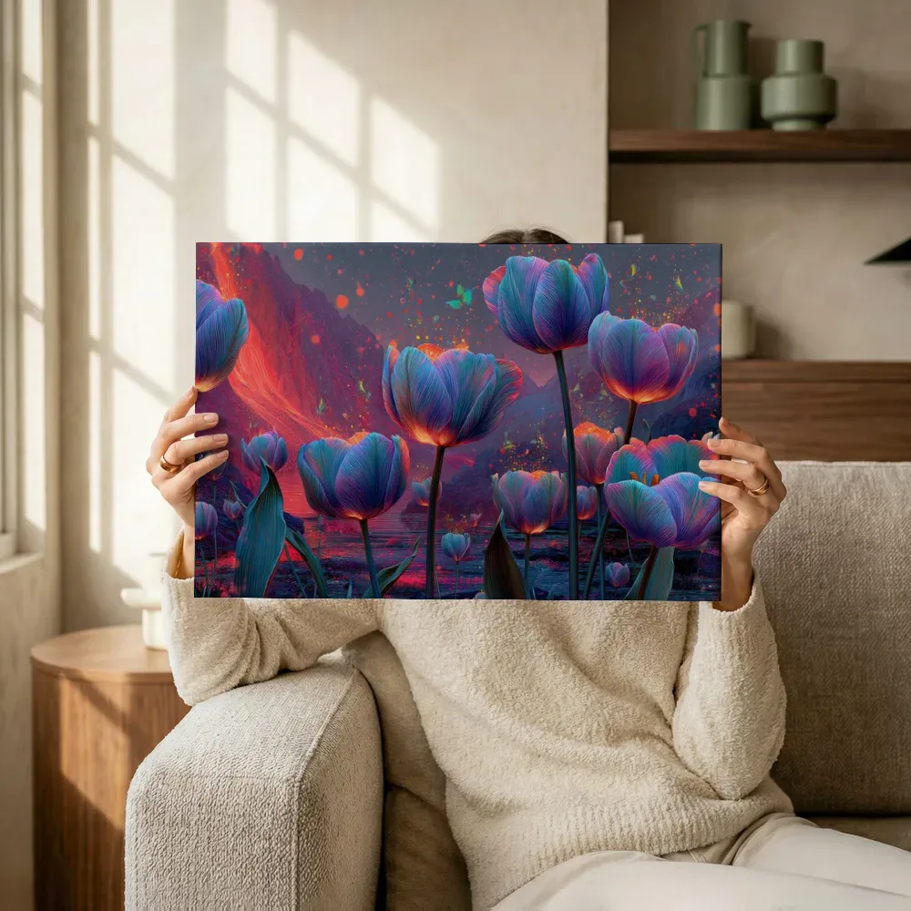 Sfeerimpressie: Tulpenveld in vulkanische nacht terwijl het omhoog wordt gehouden