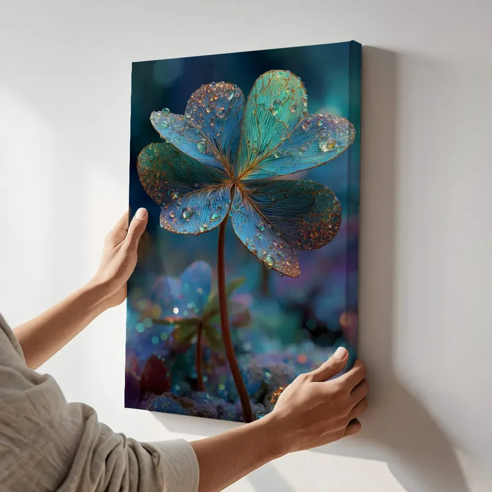 Sfeerimpressie: Turkooizen glasbloem met dauwdruppels terwijl het aan de muur wordt gehangen