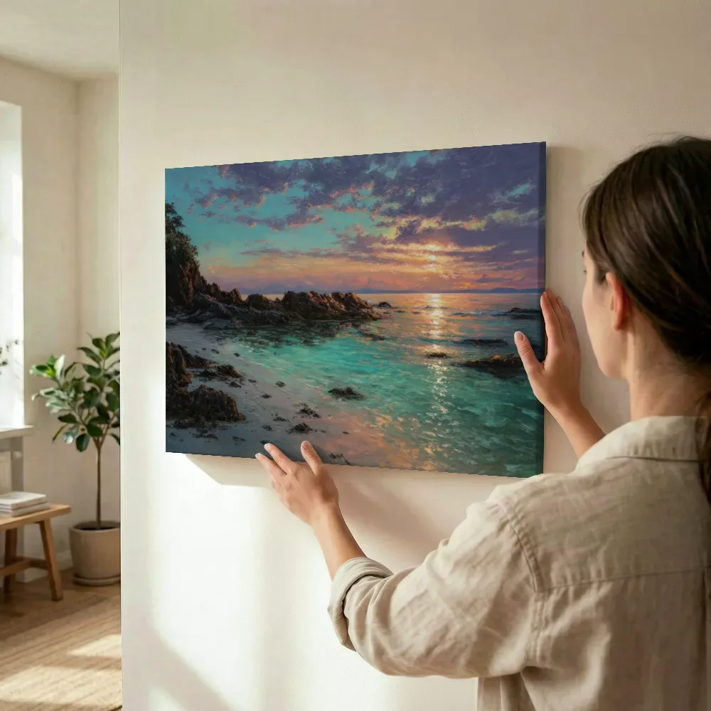 Sfeerimpressie: Turquoise baai bij rotskust terwijl het wordt opgehangen