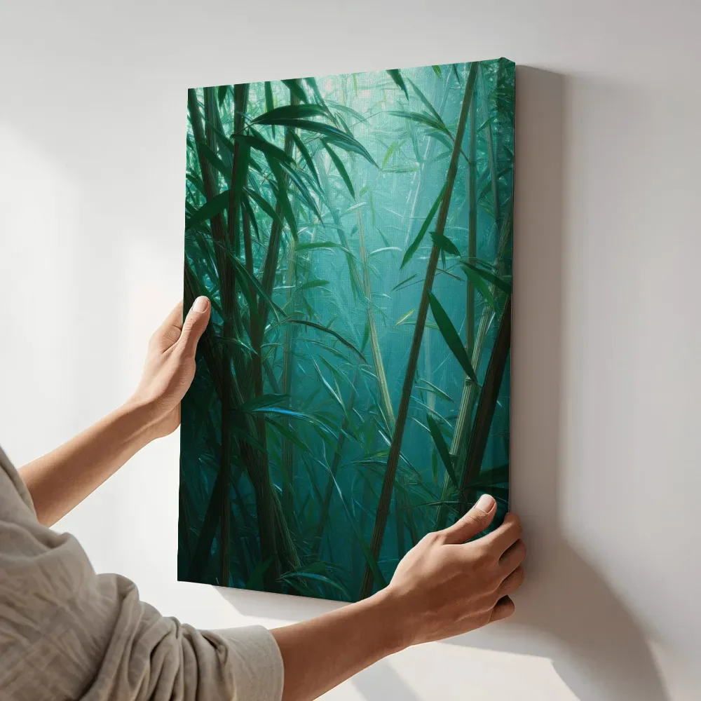 Sfeerimpressie: Turquoise bamboebos vol mist terwijl het aan de muur wordt gehangen