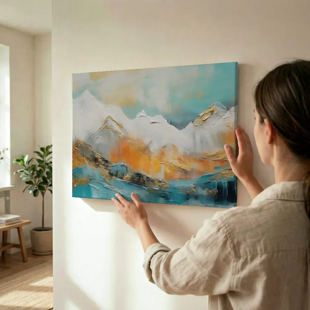 Sfeerimpressie: Turquoise berglandschap met goud terwijl het wordt opgehangen