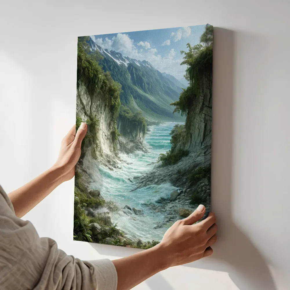 Sfeerimpressie: Turquoise bergrivier door groene kloof terwijl het aan de muur wordt gehangen