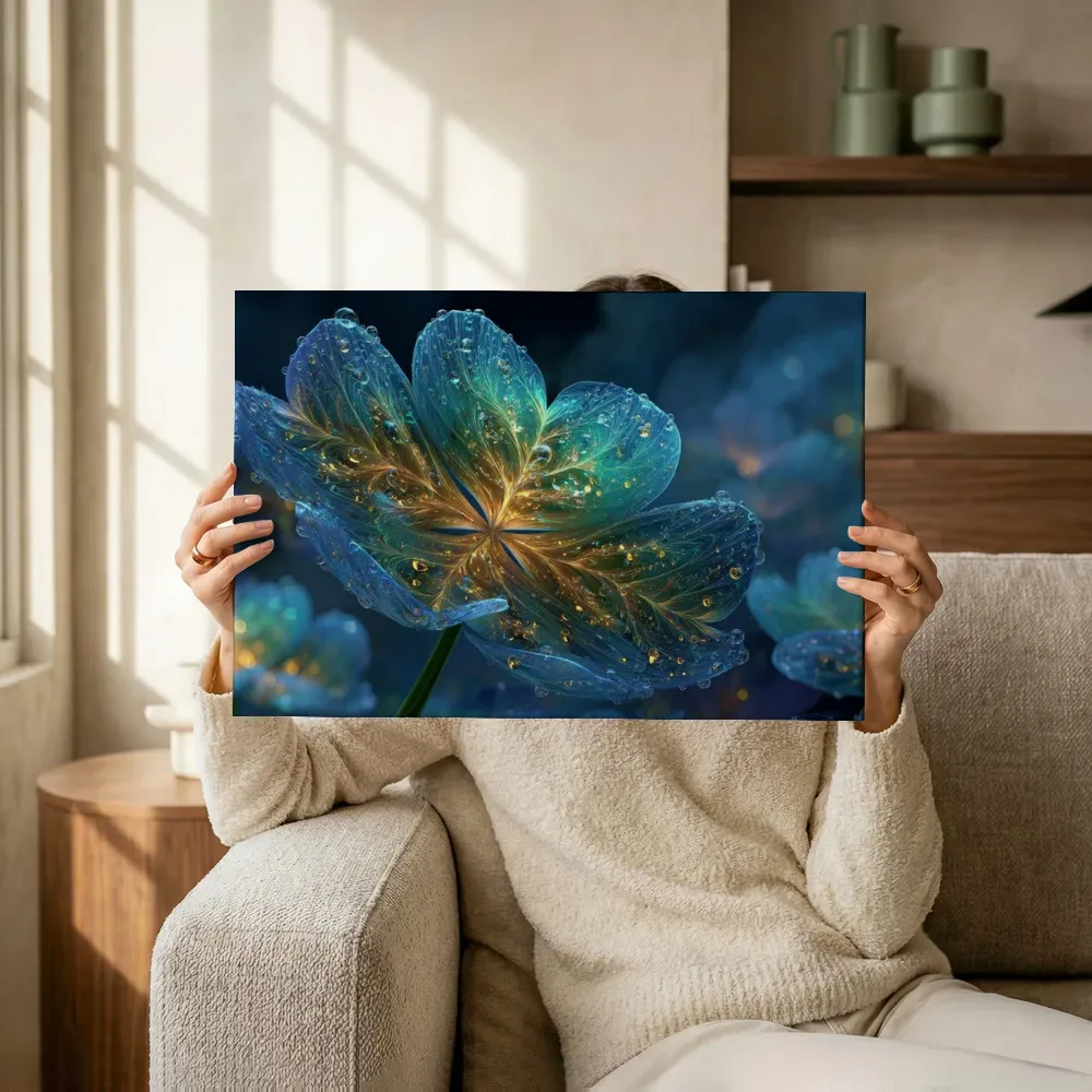 Sfeerimpressie: Turquoise dauwblad in gouden licht terwijl het omhoog wordt gehouden