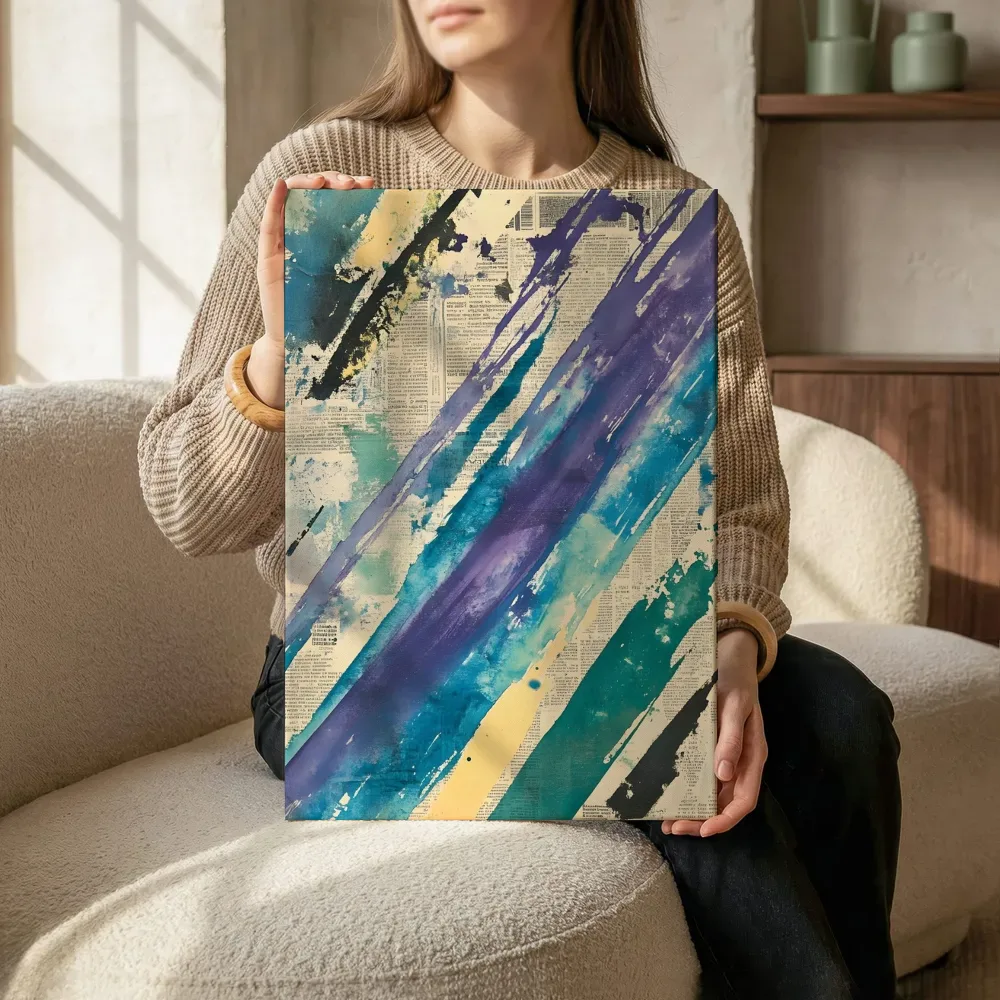 Sfeerimpressie: Turquoise diagonale verfbanen terwijl het zittend wordt getoond