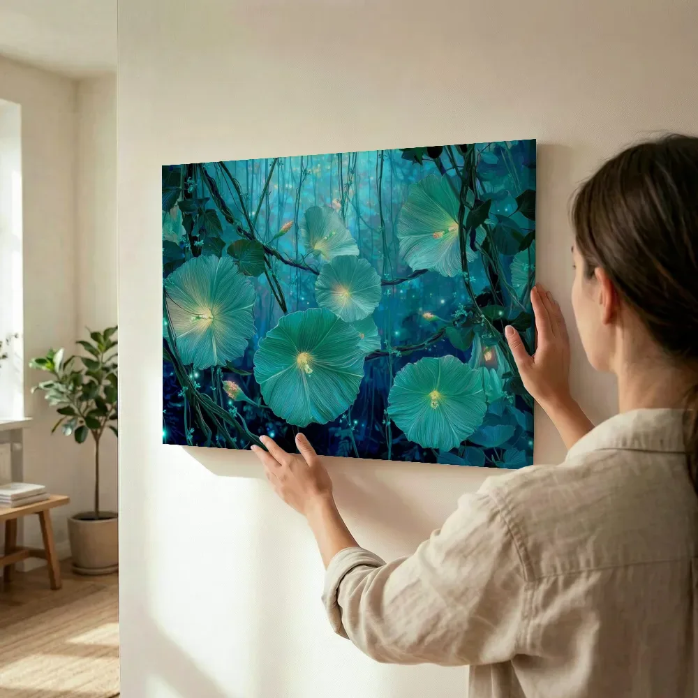 Sfeerimpressie: Turquoise glinsterbloemen in het nachtbos terwijl het wordt opgehangen