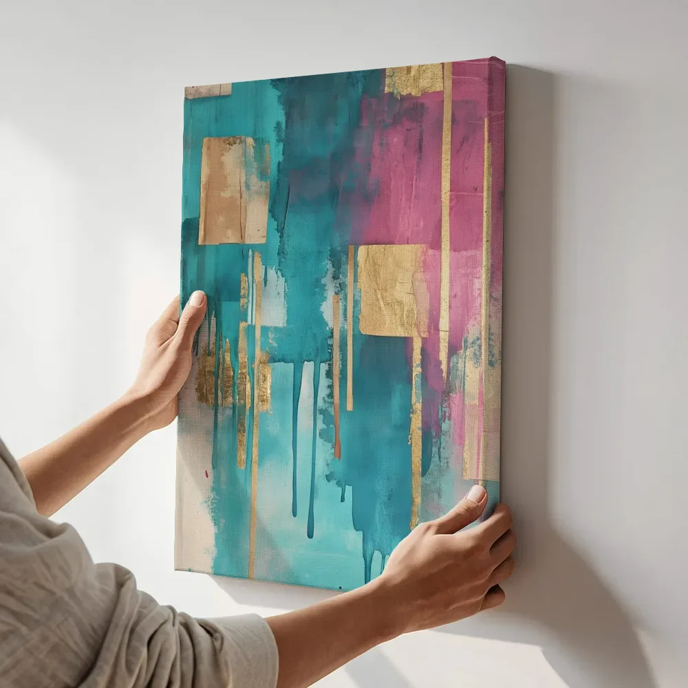 Sfeerimpressie: Turquoise goud roze abstractie terwijl het aan de muur wordt gehangen