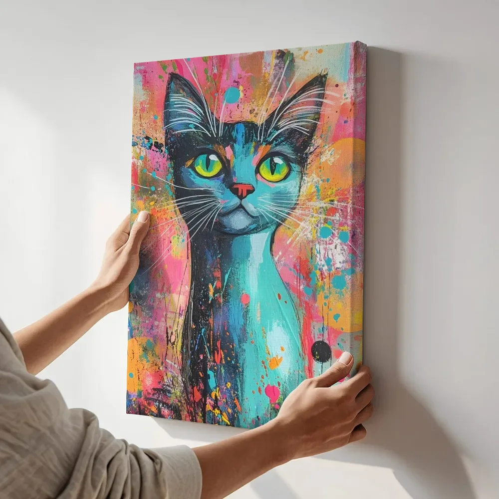 Sfeerimpressie: Turquoise kat kleurrijke achtergrond terwijl het aan de muur wordt gehangen