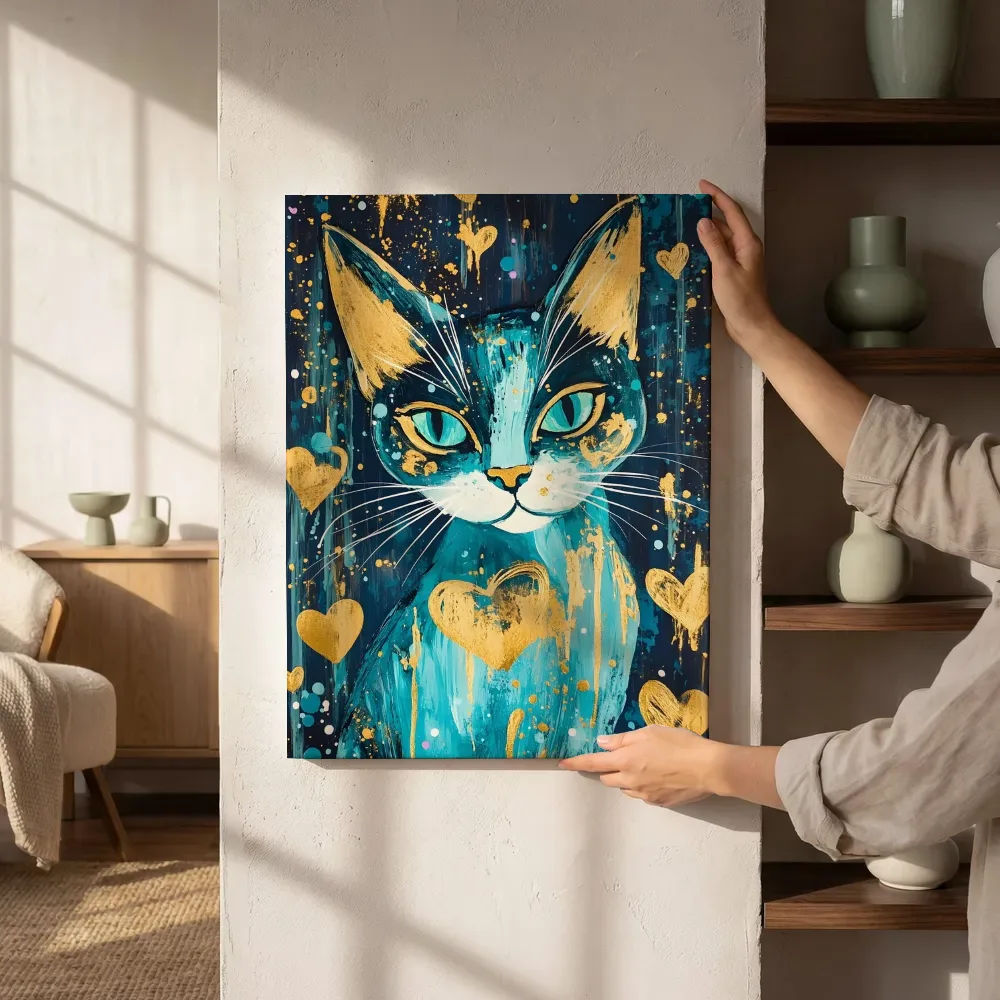 Sfeerimpressie: Turquoise kat met gouden hartjes naast de kast