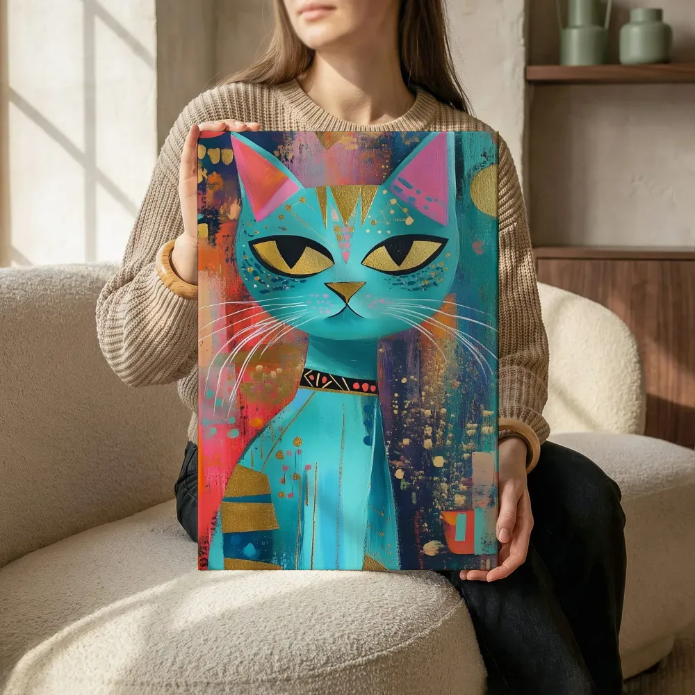 Sfeerimpressie: Turquoise kat met gouden patronen terwijl het zittend wordt getoond