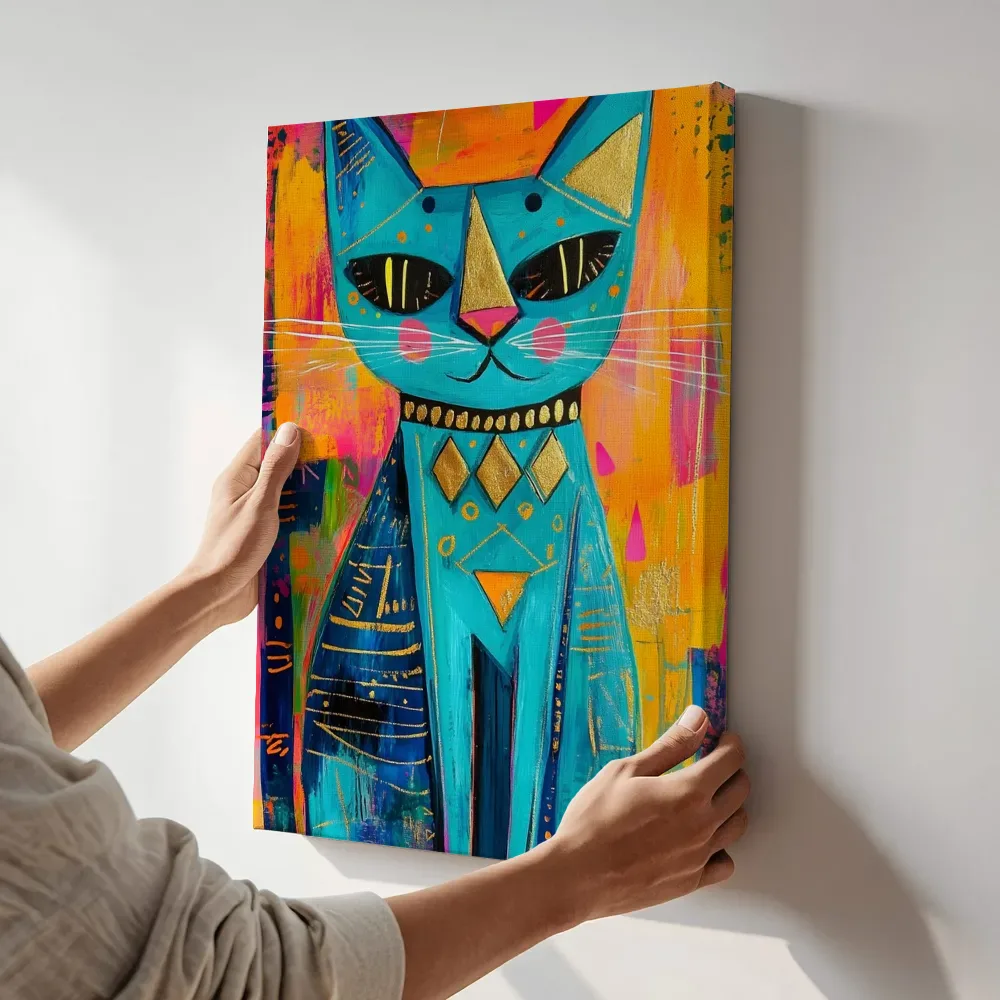 Sfeerimpressie: Turquoise kat met gouden ruiten terwijl het aan de muur wordt gehangen