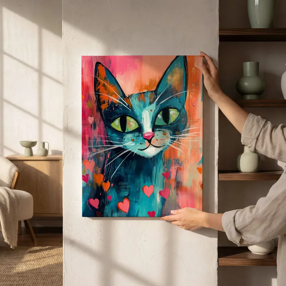 Sfeerimpressie: Turquoise kat met hartjes naast de kast