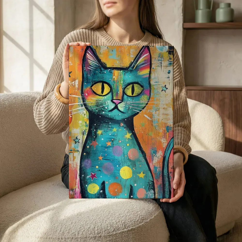 Sfeerimpressie: Turquoise kat met sterren terwijl het zittend wordt getoond